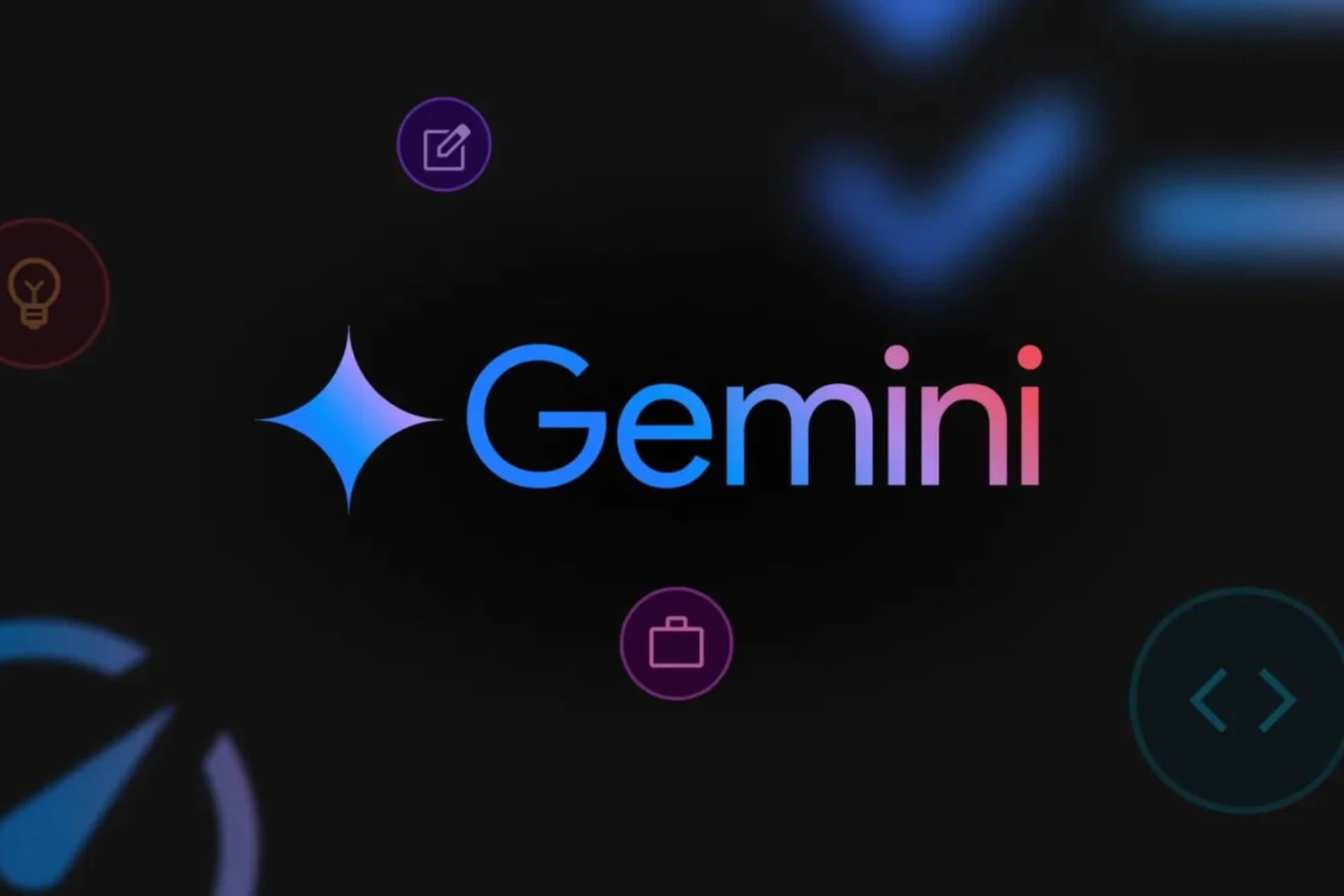Gemini brand visual: the spark logo and wordmark ringed by use-case icons — writing, ideas, work, code